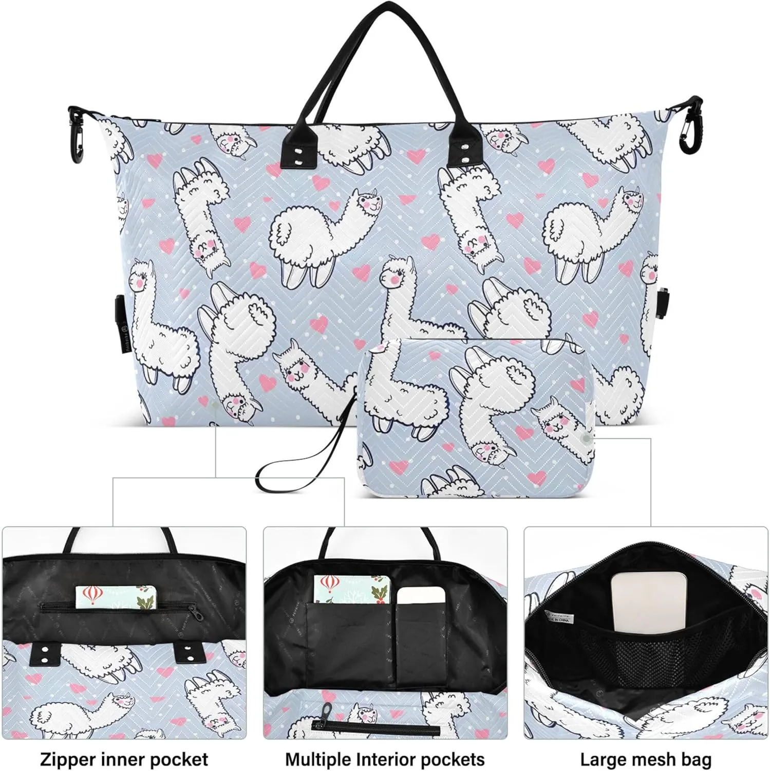 Cute Alpacas Hearts Grey White Duffle Bag Women Travel Makeup Pouch Set, Animal Tote Gym Bag Weekender Travel Bag