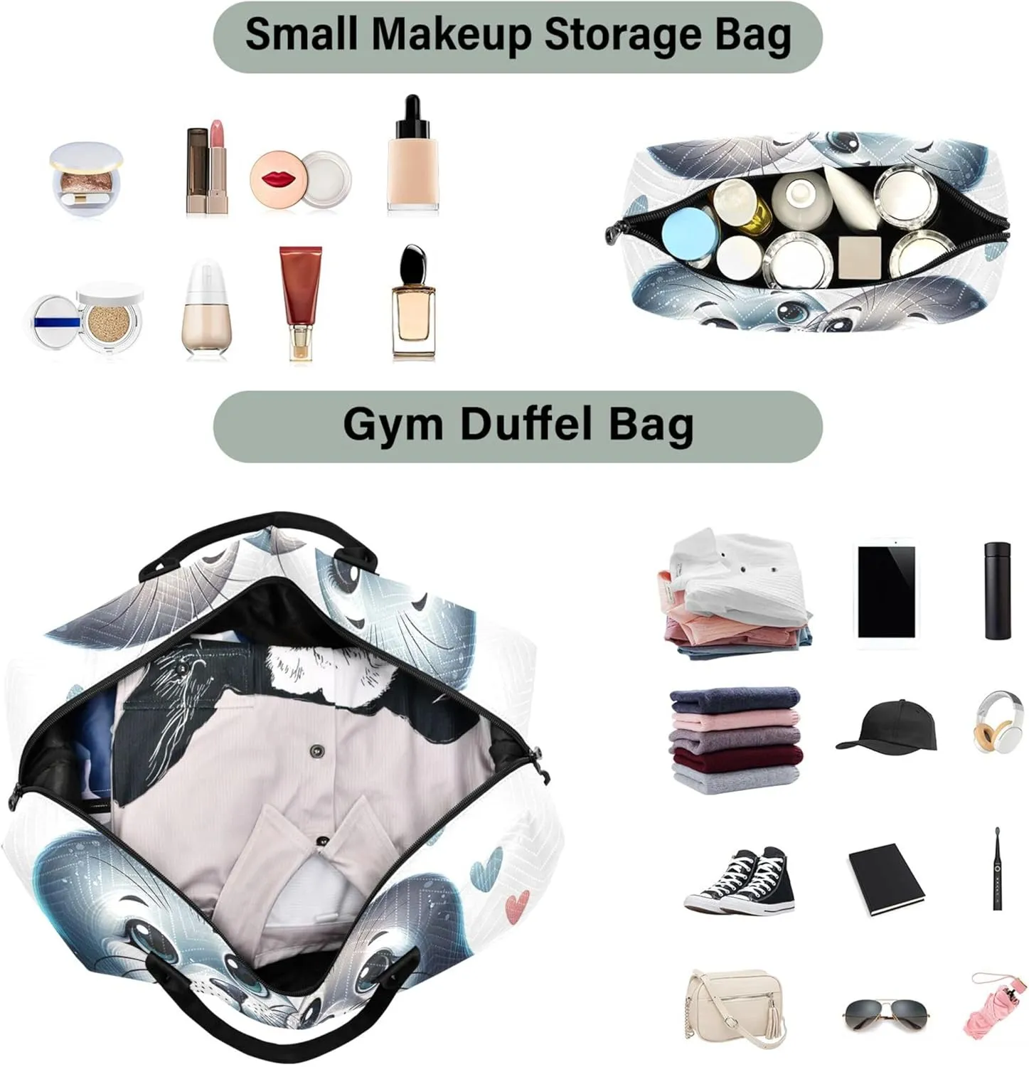Cute Animal Seal Mate Travel Duffel Bags Make up Bags Set of 2, Art Womens Sports Dance Bag Carry on Duffle