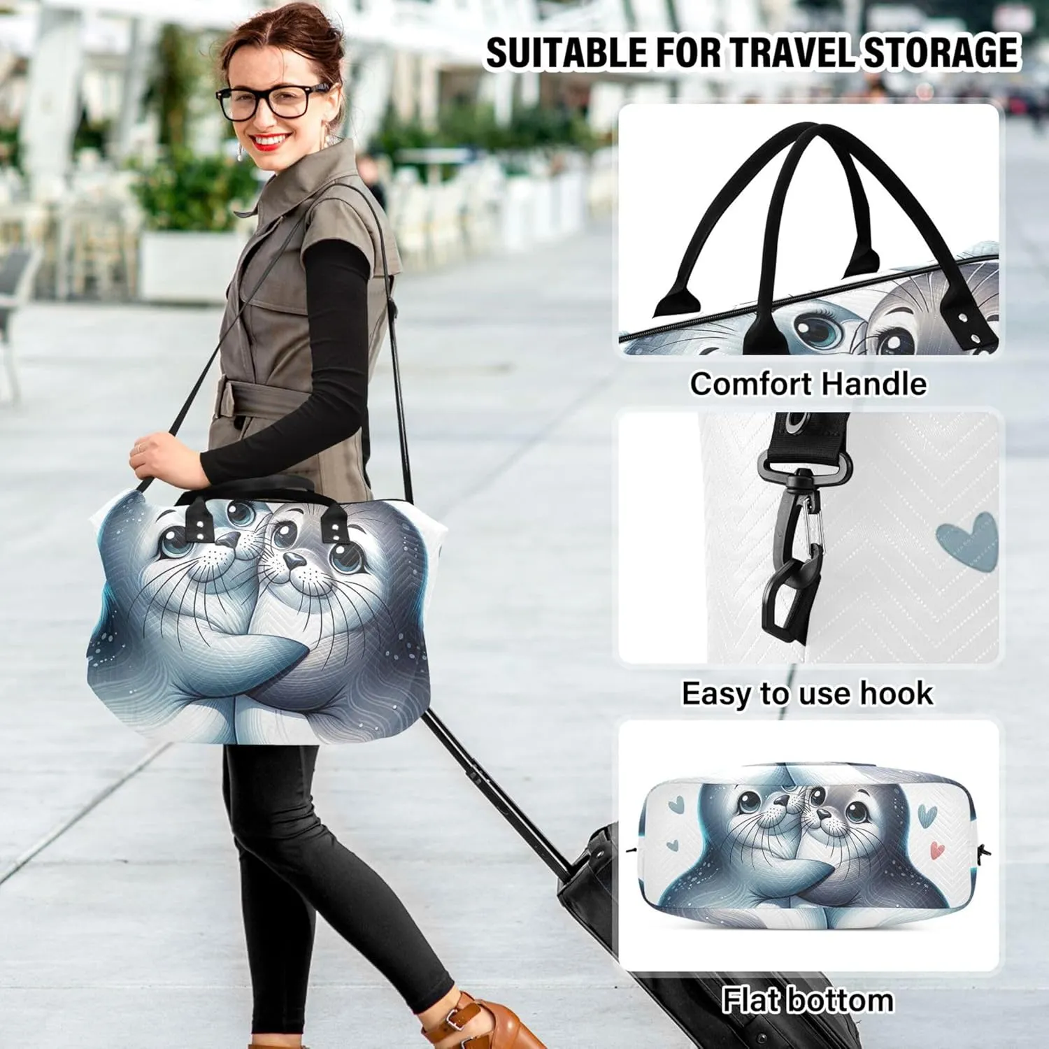 Cute Animal Seal Mate Travel Duffel Bags Make up Bags Set of 2, Art Womens Sports Dance Bag Carry on Duffle