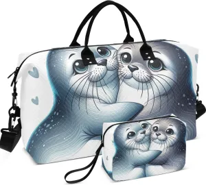 Cute Animal Seal Mate Travel Duffel Bags Make up Bags Set of 2, Art Womens Sports Dance Bag Carry on Duffle