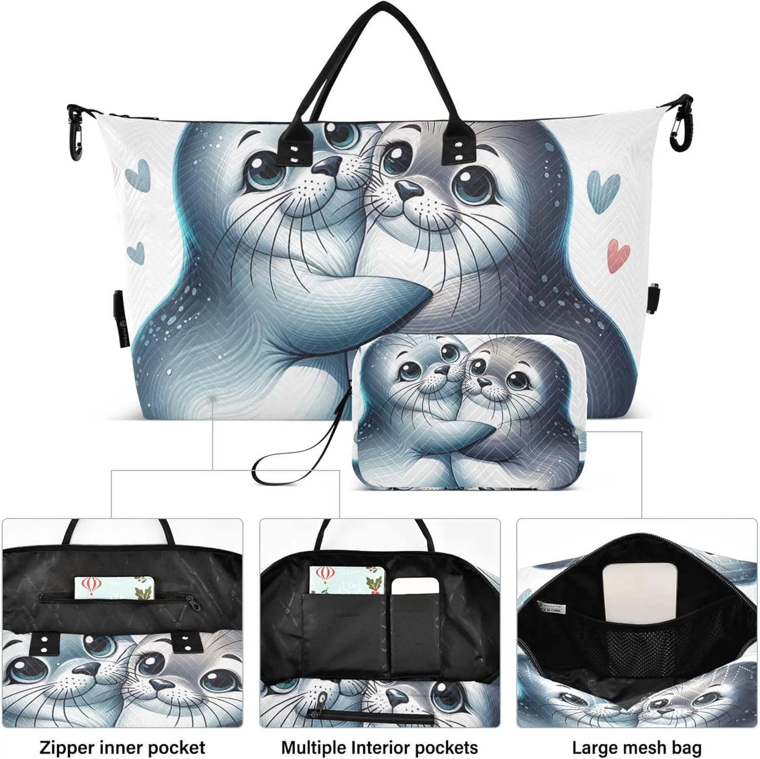 Cute Animal Seal Mate Travel Duffel Bags Make up Bags Set of 2, Art Womens Sports Dance Bag Carry on Duffle