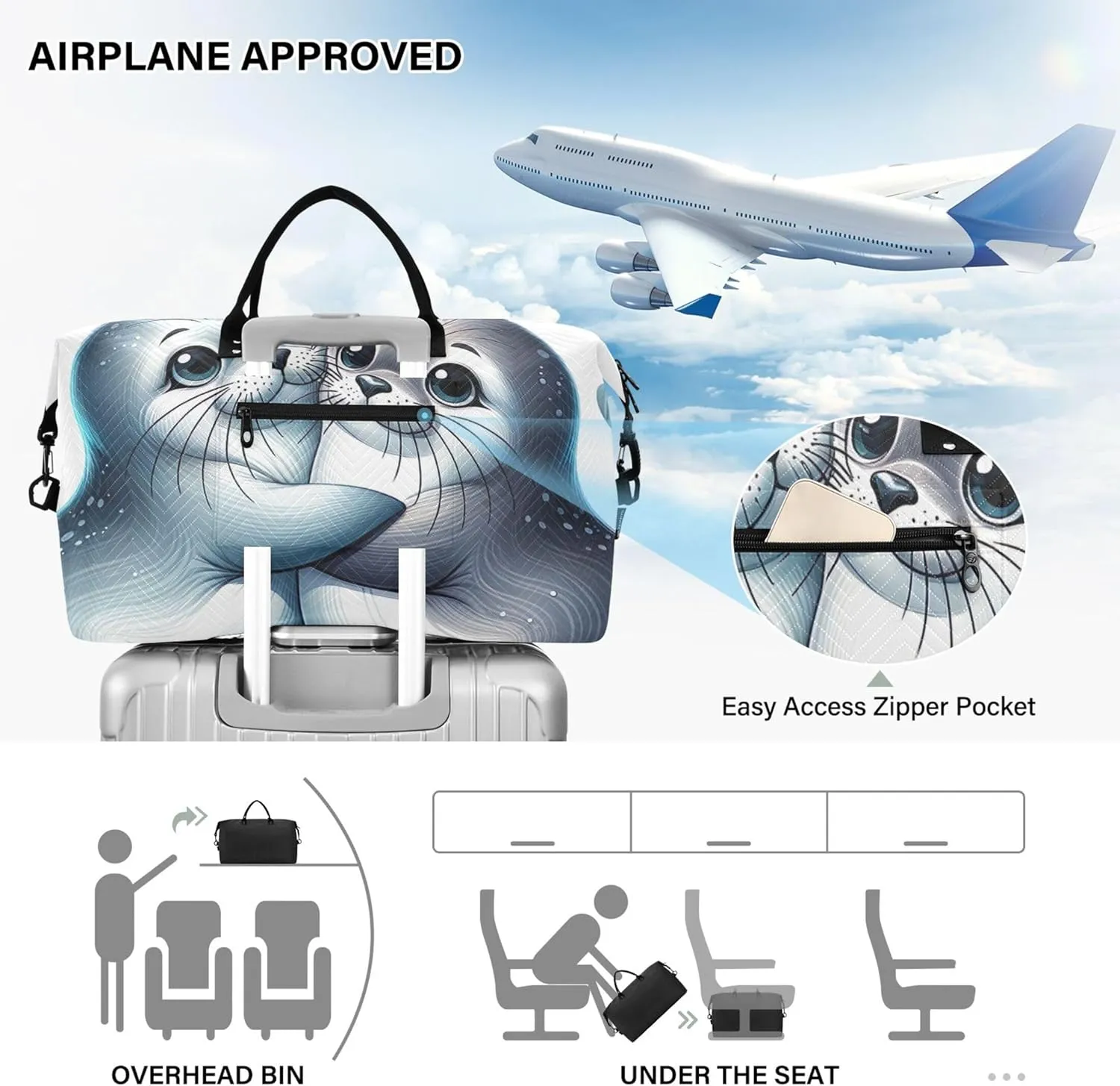 Cute Animal Seal Mate Travel Duffel Bags Make up Bags Set of 2, Art Womens Sports Dance Bag Carry on Duffle
