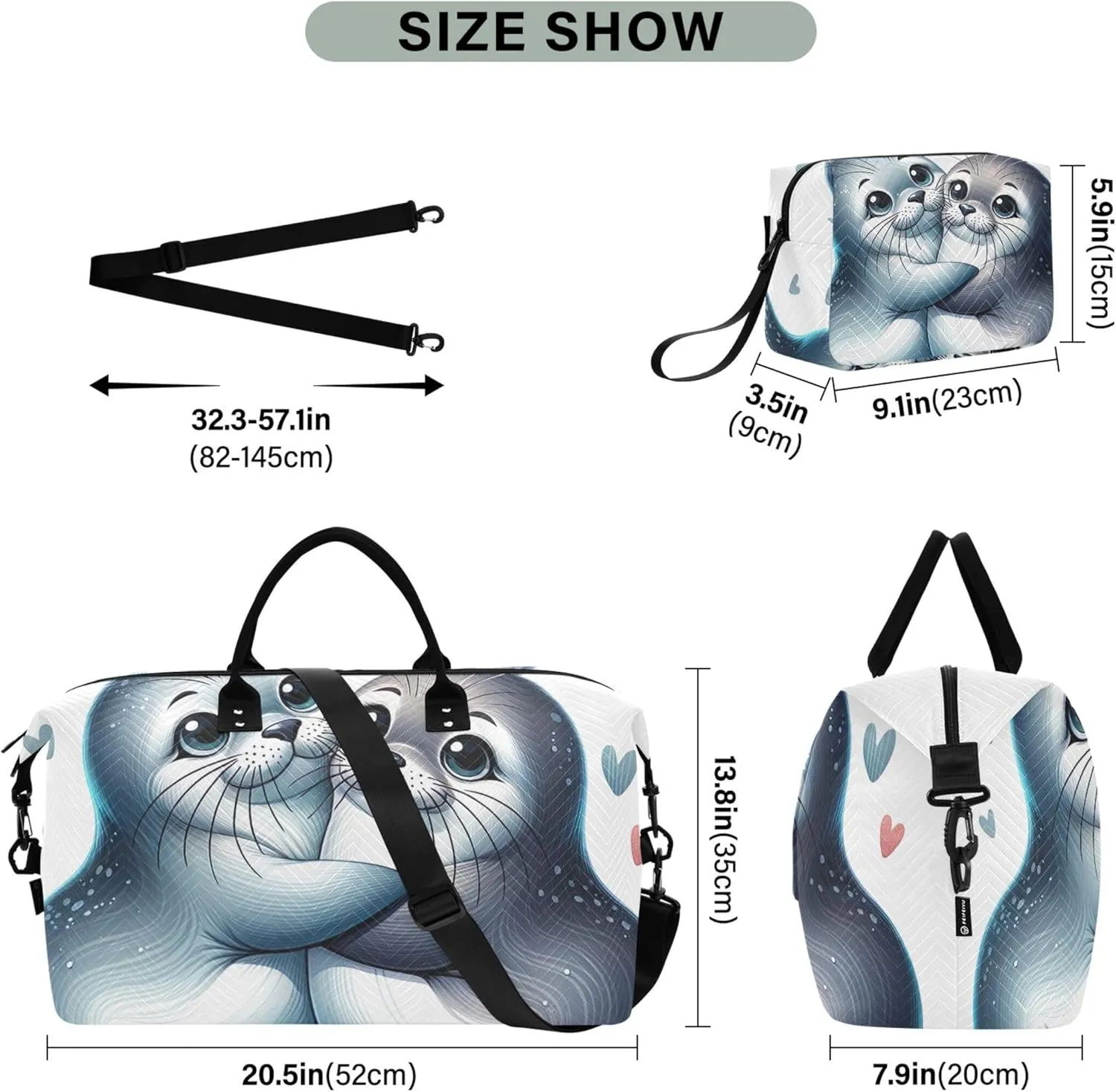 Cute Animal Seal Mate Travel Duffel Bags Make up Bags Set of 2, Art Womens Sports Dance Bag Carry on Duffle