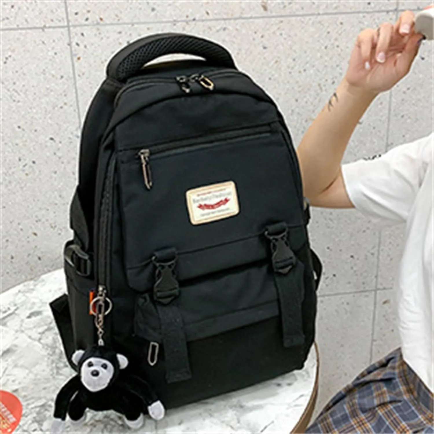 Cute Backpack Bag Large Capacity Nylon Waterproof Lightweight Bookbags Casual Laptop Daypack Work College Travel-Black