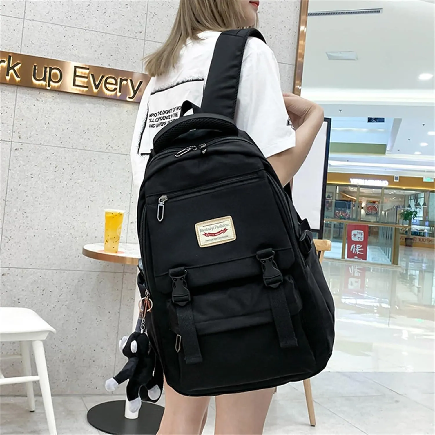 Cute Backpack Bag Large Capacity Nylon Waterproof Lightweight Bookbags Casual Laptop Daypack Work College Travel-Black