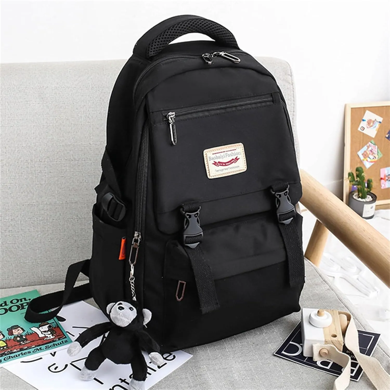 Cute Backpack Bag Large Capacity Nylon Waterproof Lightweight Bookbags Casual Laptop Daypack Work College Travel-Black