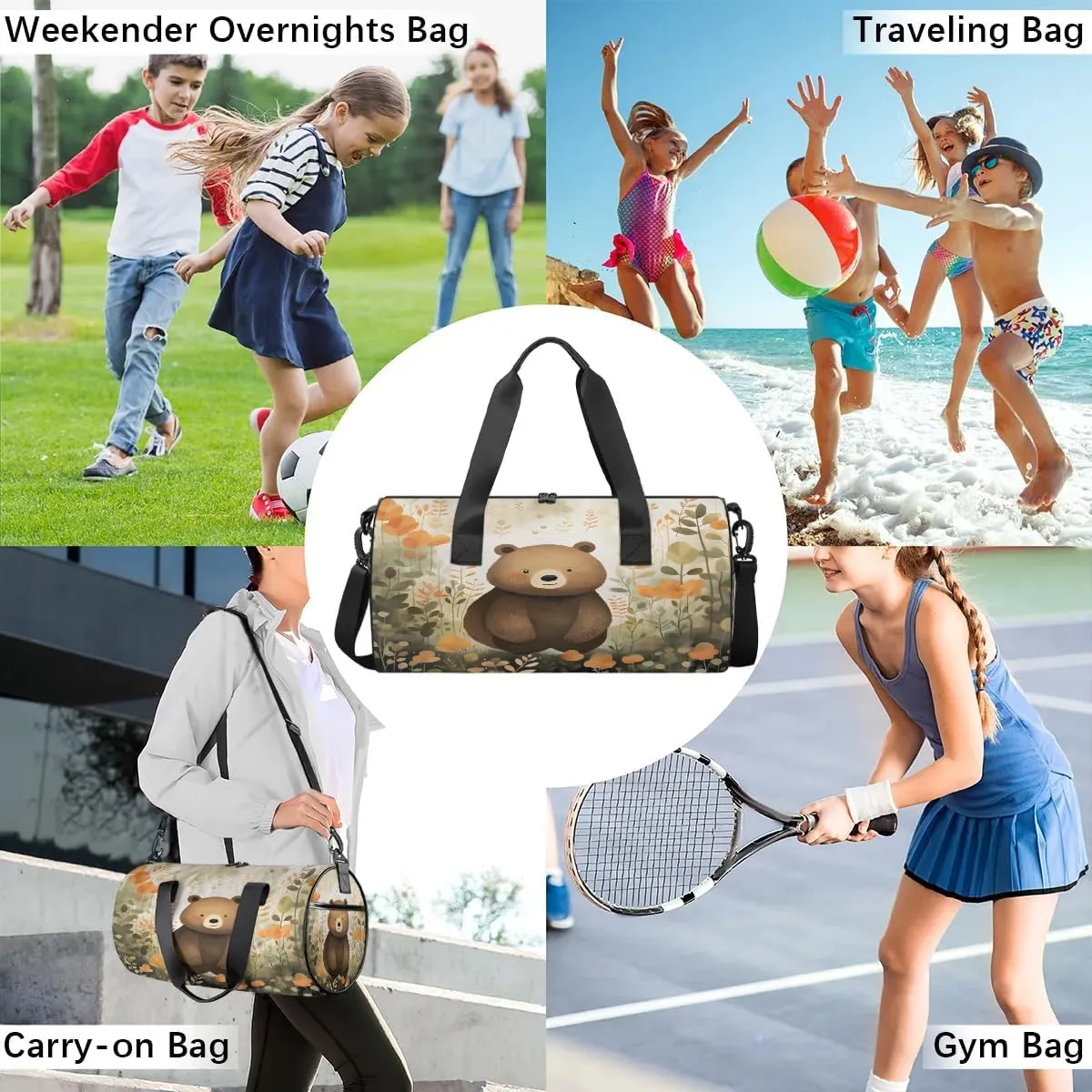 Cute Bear Gym Bag for Women Men Lightweight Weekender Travel Bag Stylish Duffle Bag for Gym Travel Overnight Carry On