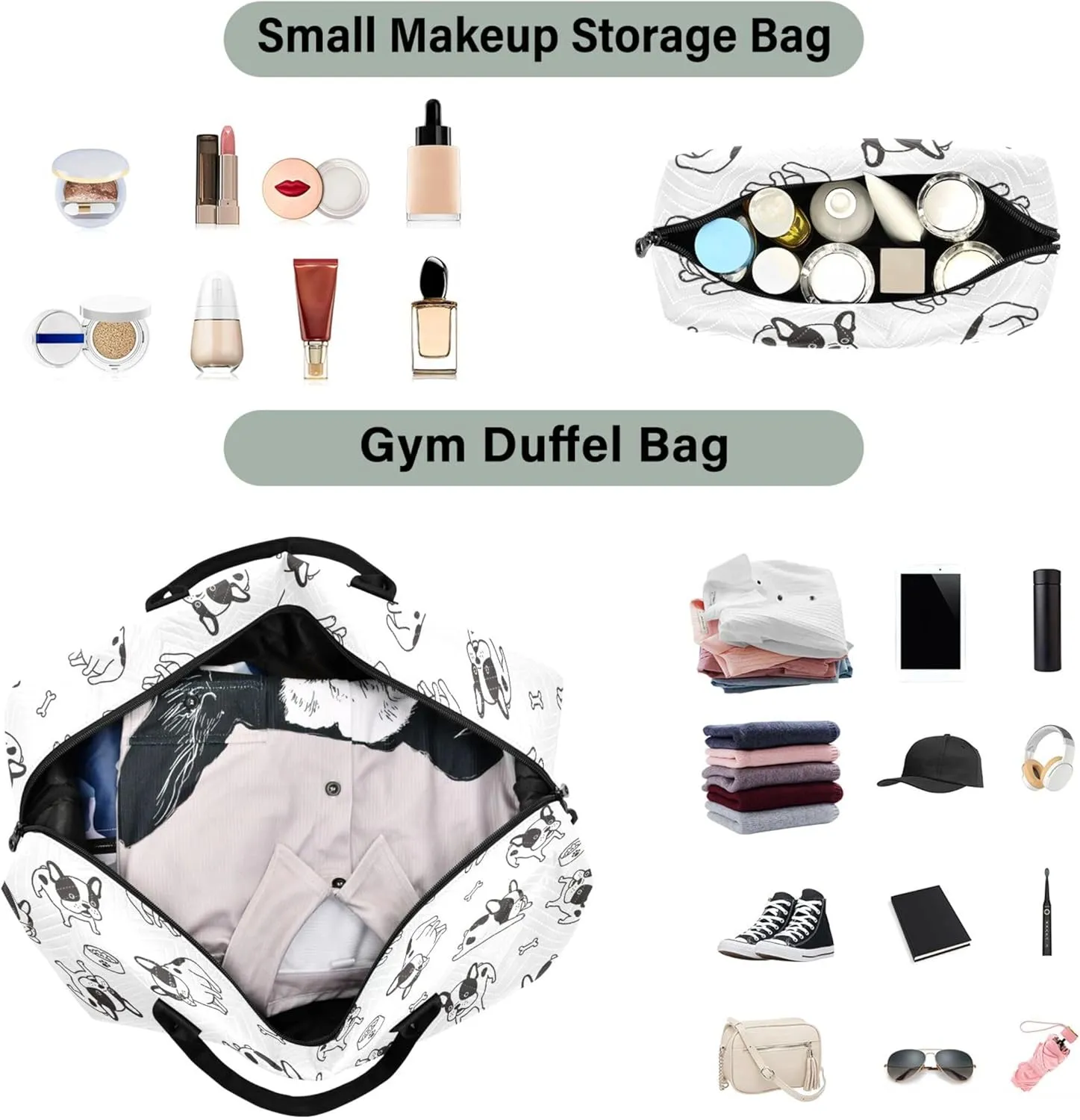 Cute Bulldog Duffel Bag Womens Toiletry Bag Set, Print Women Tote Gym Bag Carry on Tote