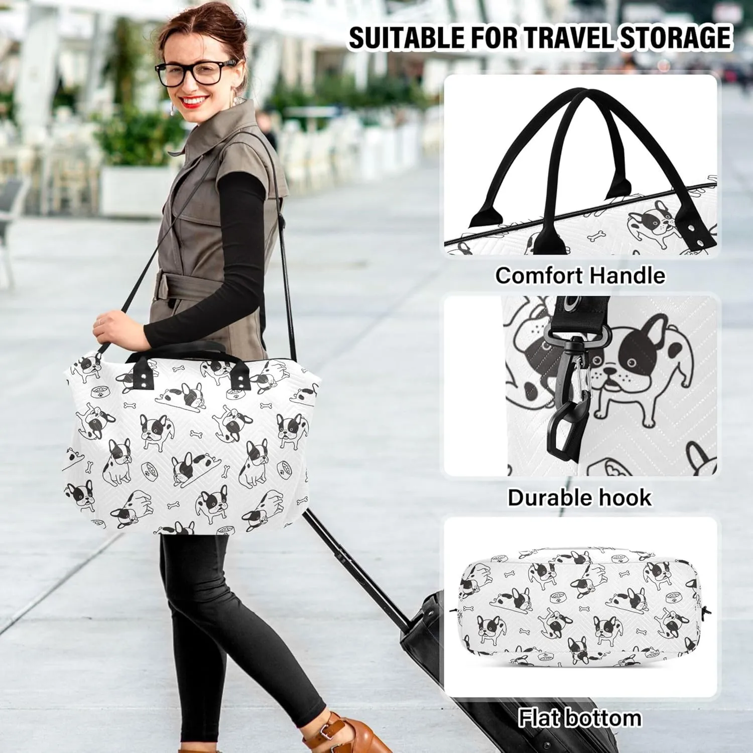 Cute Bulldog Duffel Bag Womens Toiletry Bag Set, Print Women Tote Gym Bag Carry on Tote