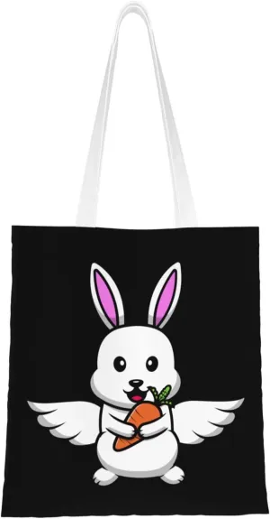 Cute Bunny Flying With Wings and Holding Carrots Tote Bag for Women Canvas Shopping Bags Reusable Large Capacity Casual Shoulder Handbags Grocery Bags DIY Gift Bags
