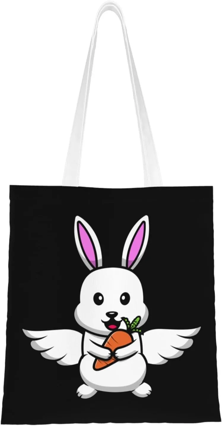 Cute Bunny Flying With Wings and Holding Carrots Tote Bag for Women Canvas Shopping Bags Reusable Large Capacity Casual Shoulder Handbags Grocery Bags DIY Gift Bags