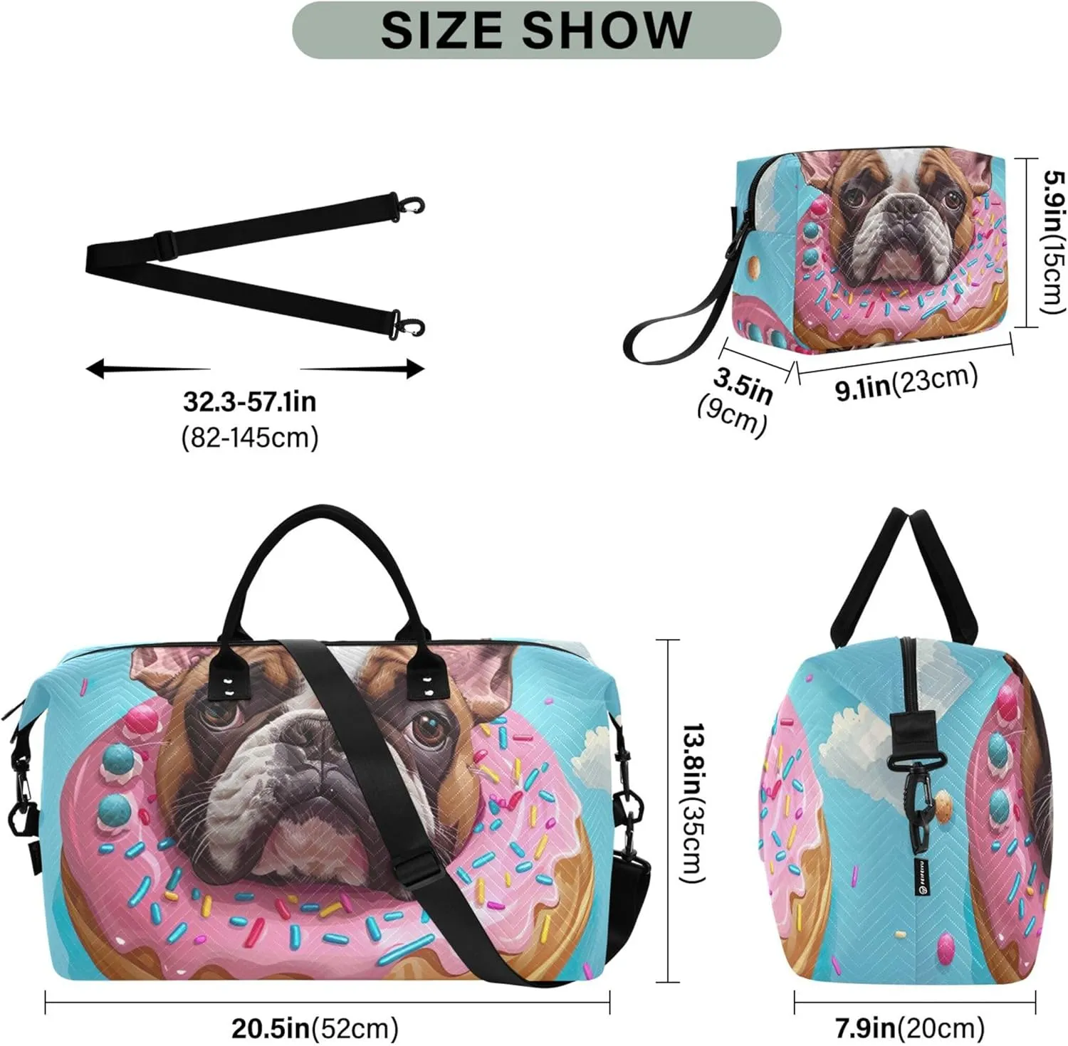 Cute Cartoon Bulldog Donut Duffel Bags Travel Cosmetic Pouch Set of 2, Design Women Gym Bags Tote Carry on Tote