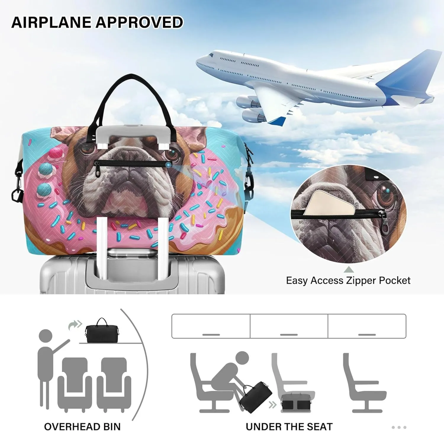 Cute Cartoon Bulldog Donut Duffel Bags Travel Cosmetic Pouch Set of 2, Design Women Gym Bags Tote Carry on Tote