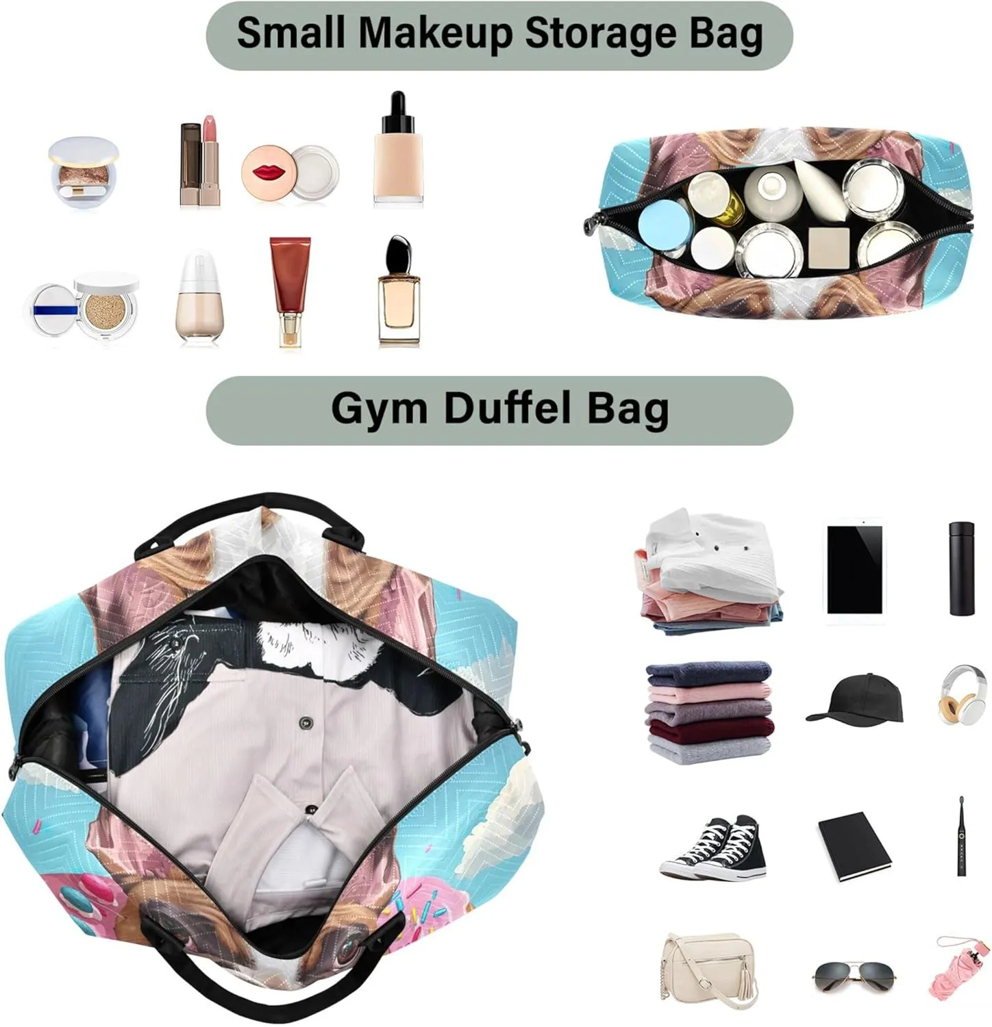 Cute Cartoon Bulldog Donut Duffel Bags Travel Cosmetic Pouch Set of 2, Design Women Gym Bags Tote Carry on Tote