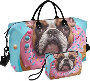 Cute Cartoon Bulldog Donut Duffel Bags Travel Cosmetic Pouch Set of 2, Design Women Gym Bags Tote Carry on Tote