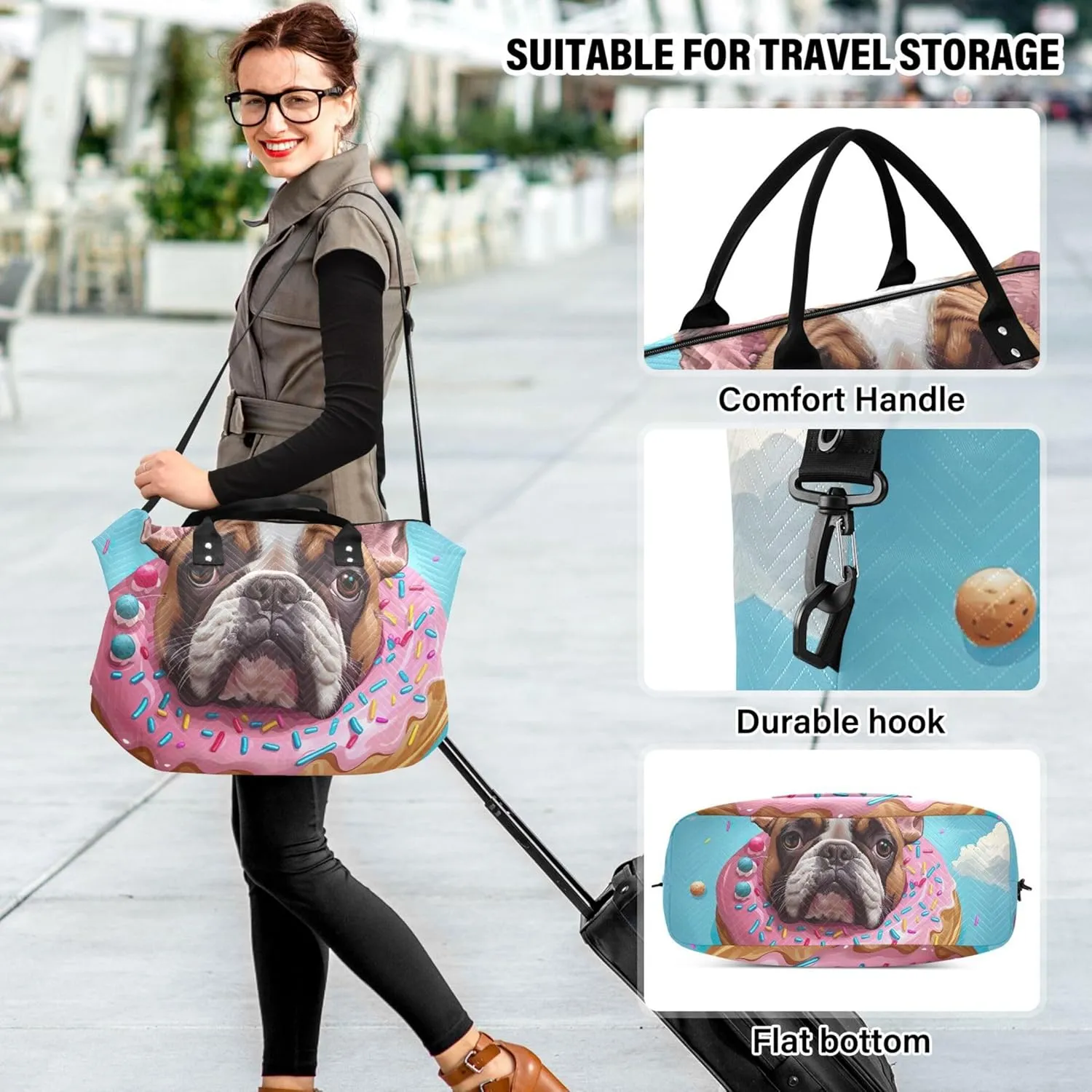 Cute Cartoon Bulldog Donut Duffel Bags Travel Cosmetic Pouch Set of 2, Design Women Gym Bags Tote Carry on Tote