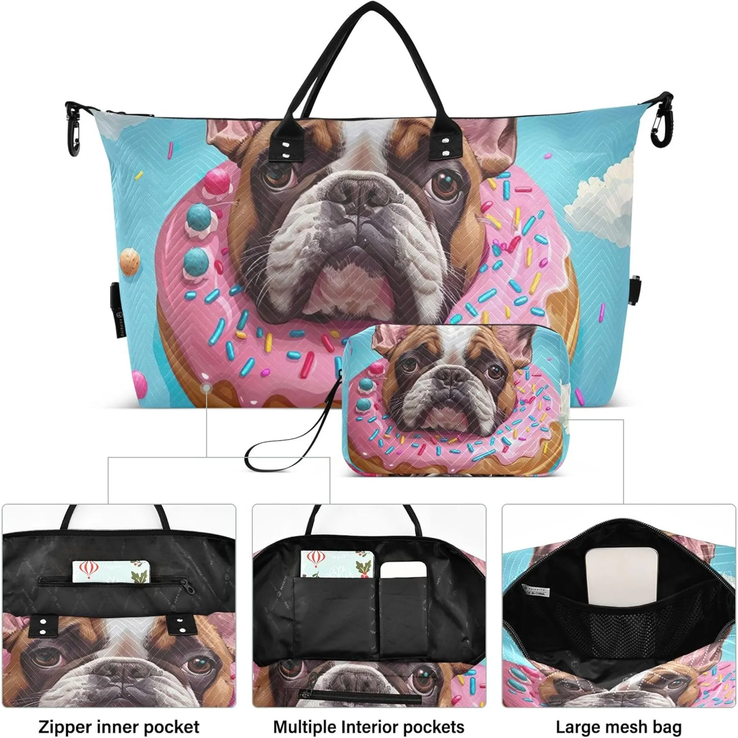 Cute Cartoon Bulldog Donut Duffel Bags Travel Cosmetic Pouch Set of 2, Design Women Gym Bags Tote Carry on Tote