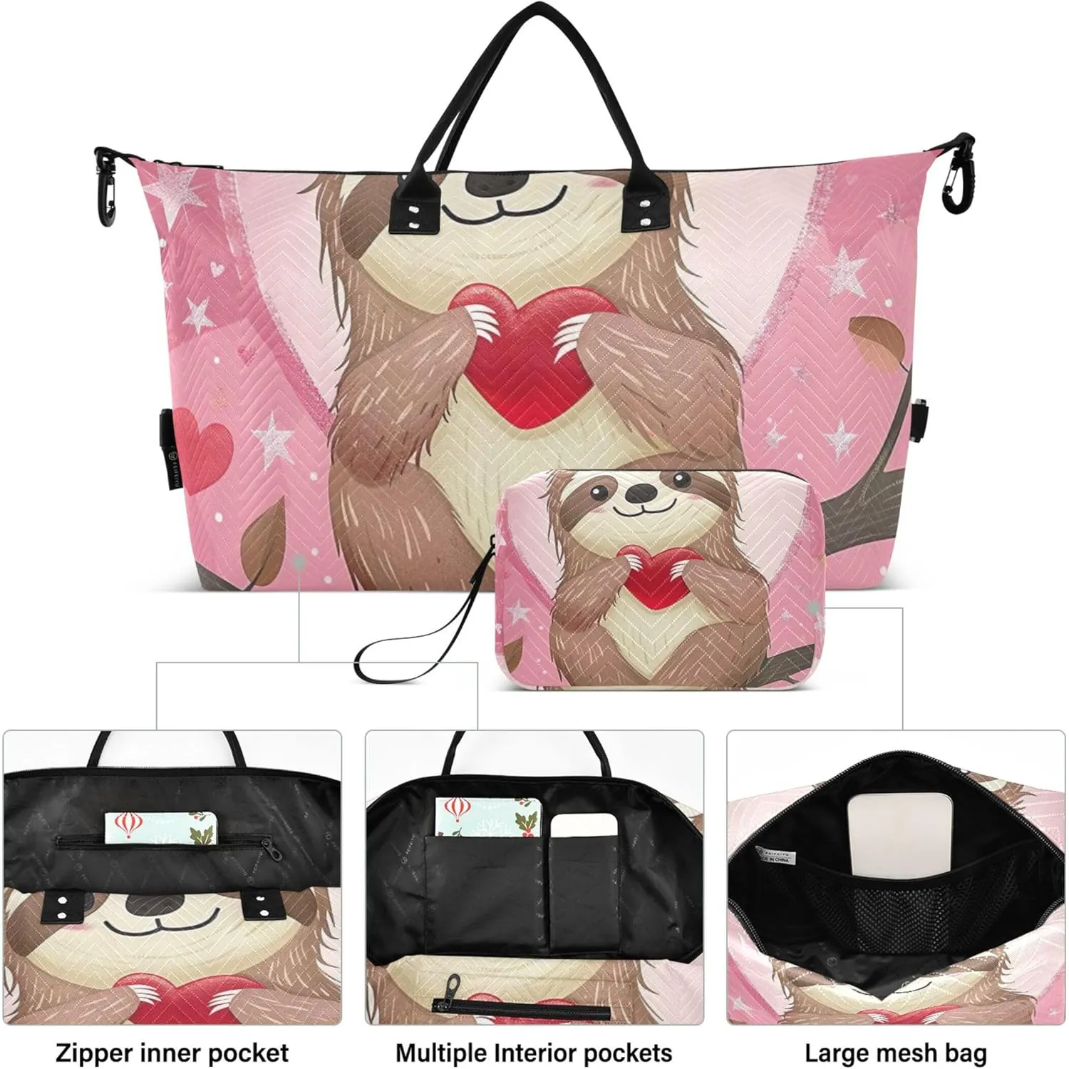 Cute Cartoon Sloth Heart Travel Duffel Bags Toiletry Pouches Set of 2, Animal Floral Women Sports Dance Bag Duffel for Traveling