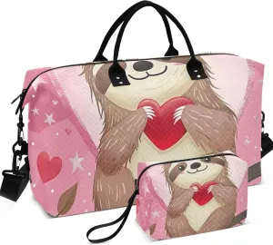 Cute Cartoon Sloth Heart Travel Duffel Bags Toiletry Pouches Set of 2, Animal Floral Women Sports Dance Bag Duffel for Traveling