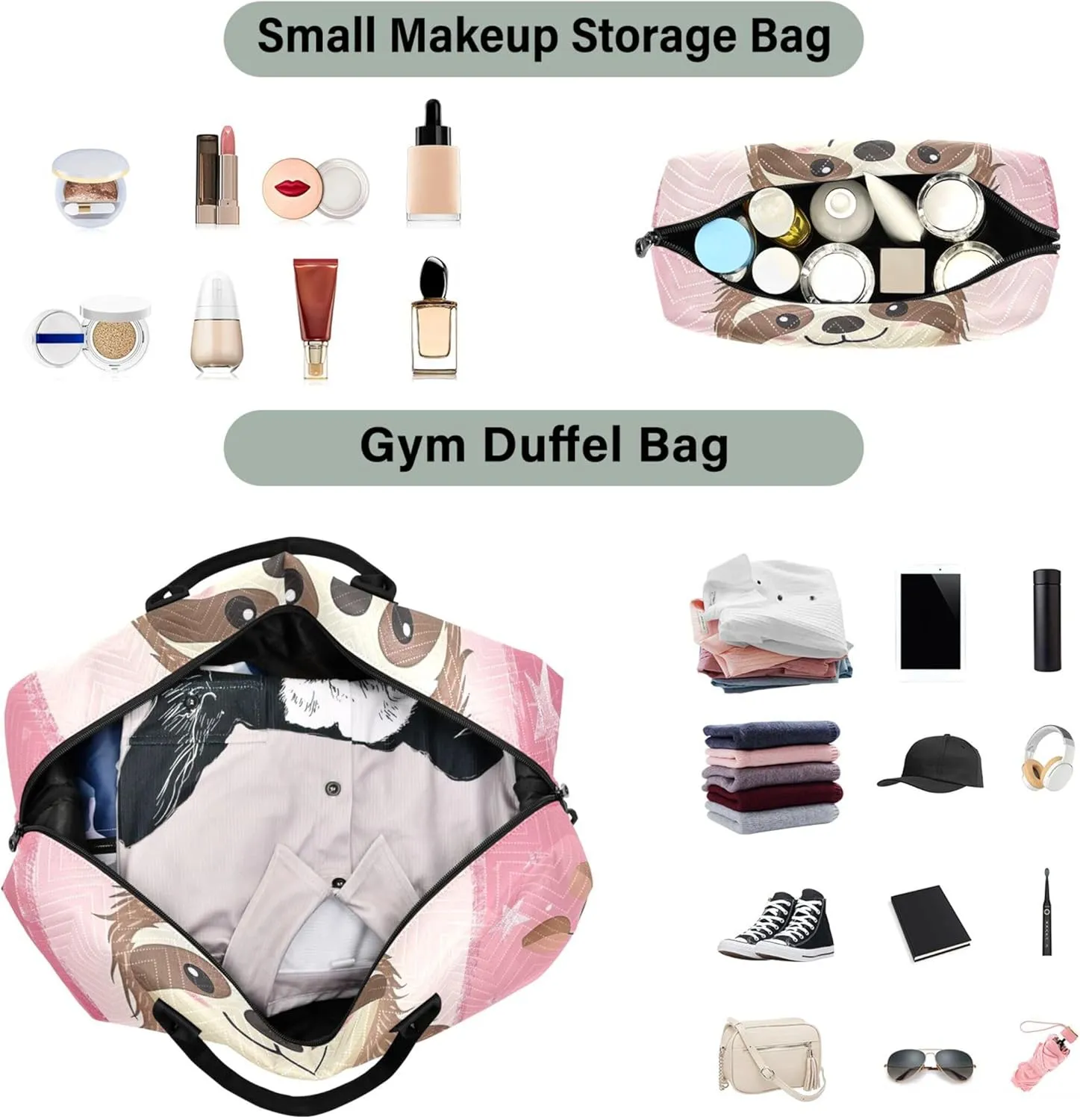 Cute Cartoon Sloth Heart Travel Duffel Bags Toiletry Pouches Set of 2, Animal Floral Women Sports Dance Bag Duffel for Traveling