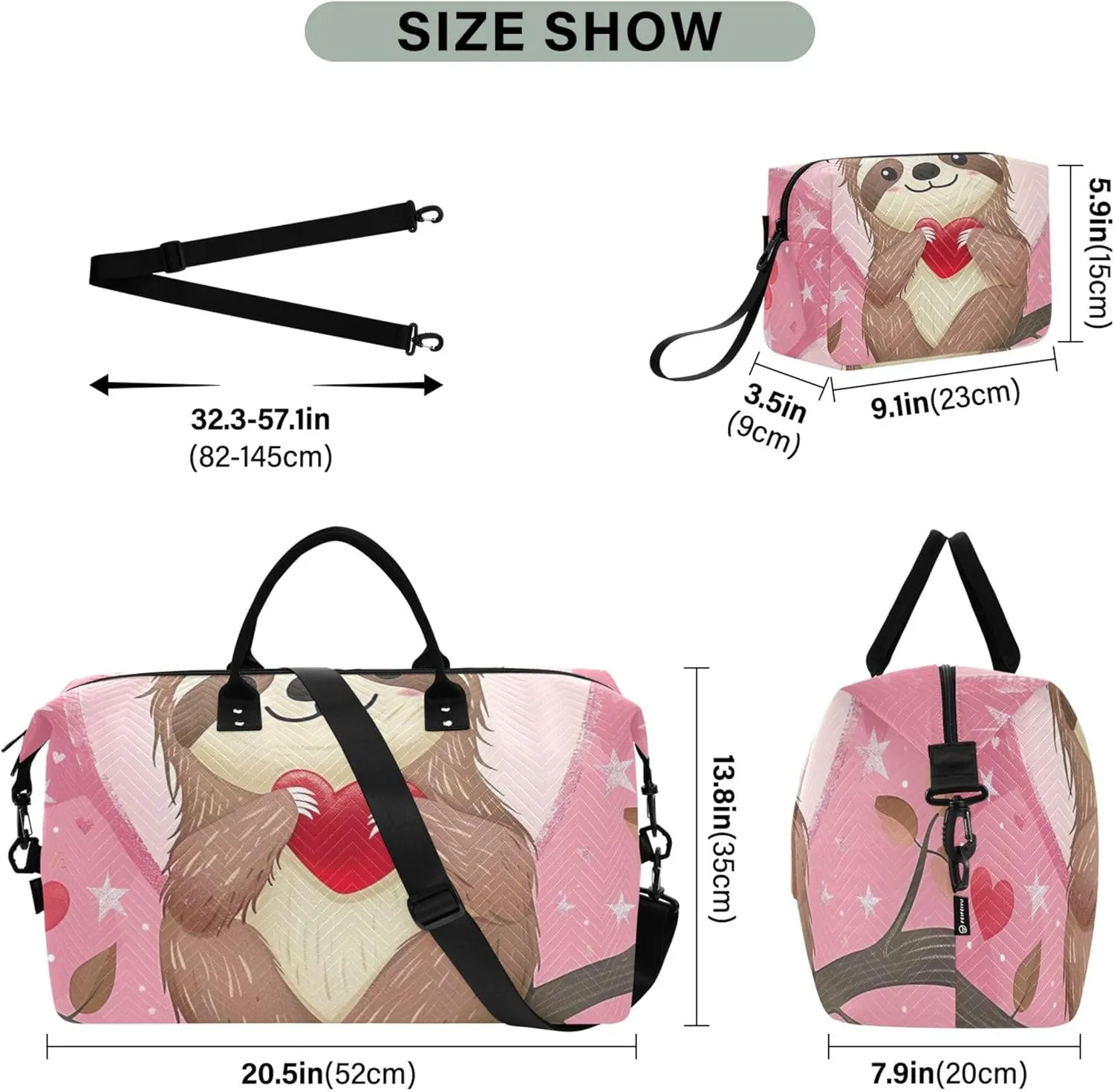 Cute Cartoon Sloth Heart Travel Duffel Bags Toiletry Pouches Set of 2, Animal Floral Women Sports Dance Bag Duffel for Traveling