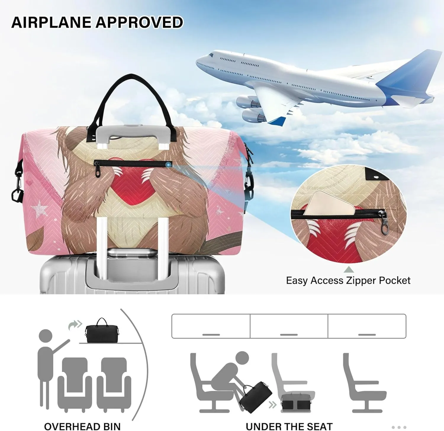 Cute Cartoon Sloth Heart Travel Duffel Bags Toiletry Pouches Set of 2, Animal Floral Women Sports Dance Bag Duffel for Traveling