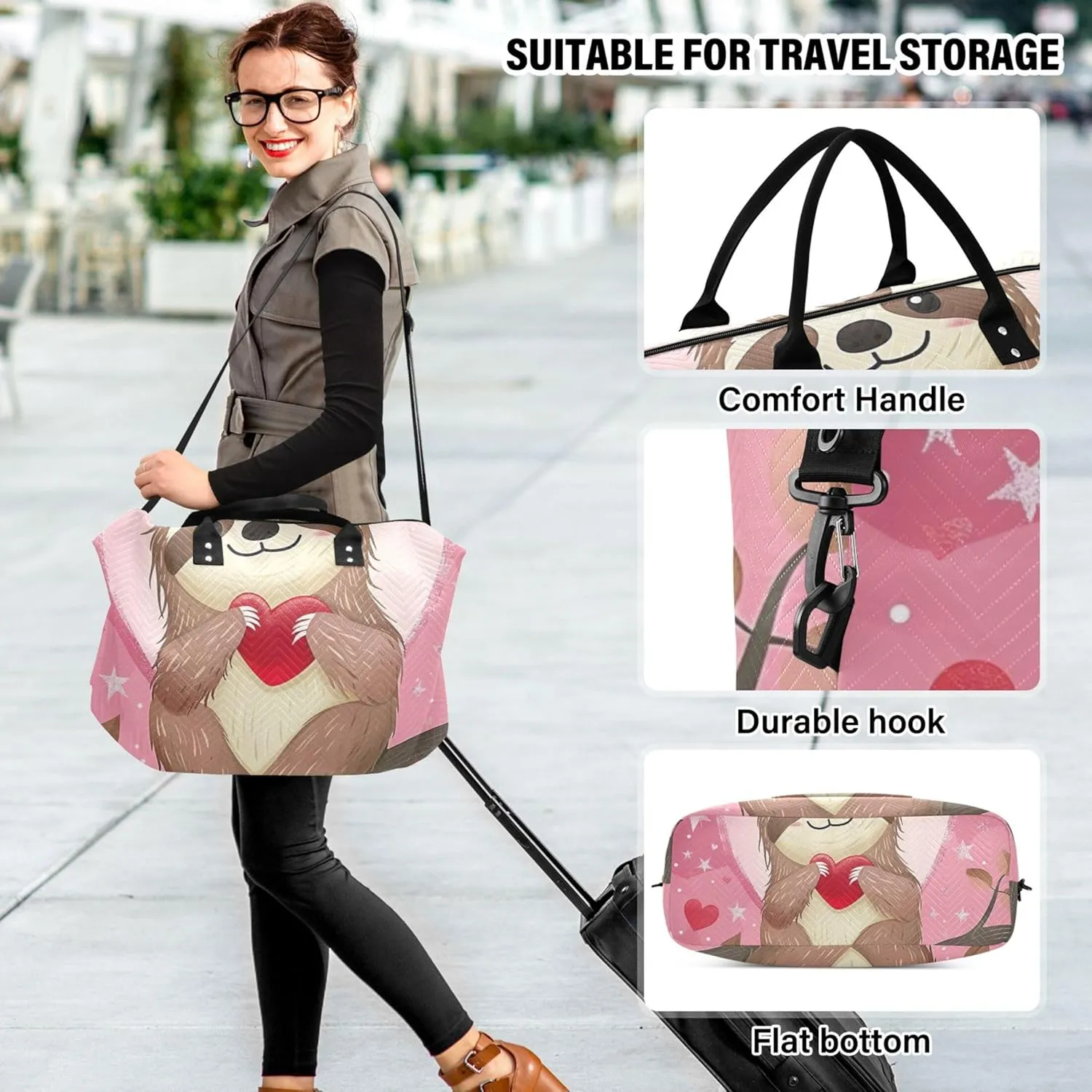 Cute Cartoon Sloth Heart Travel Duffel Bags Toiletry Pouches Set of 2, Animal Floral Women Sports Dance Bag Duffel for Traveling