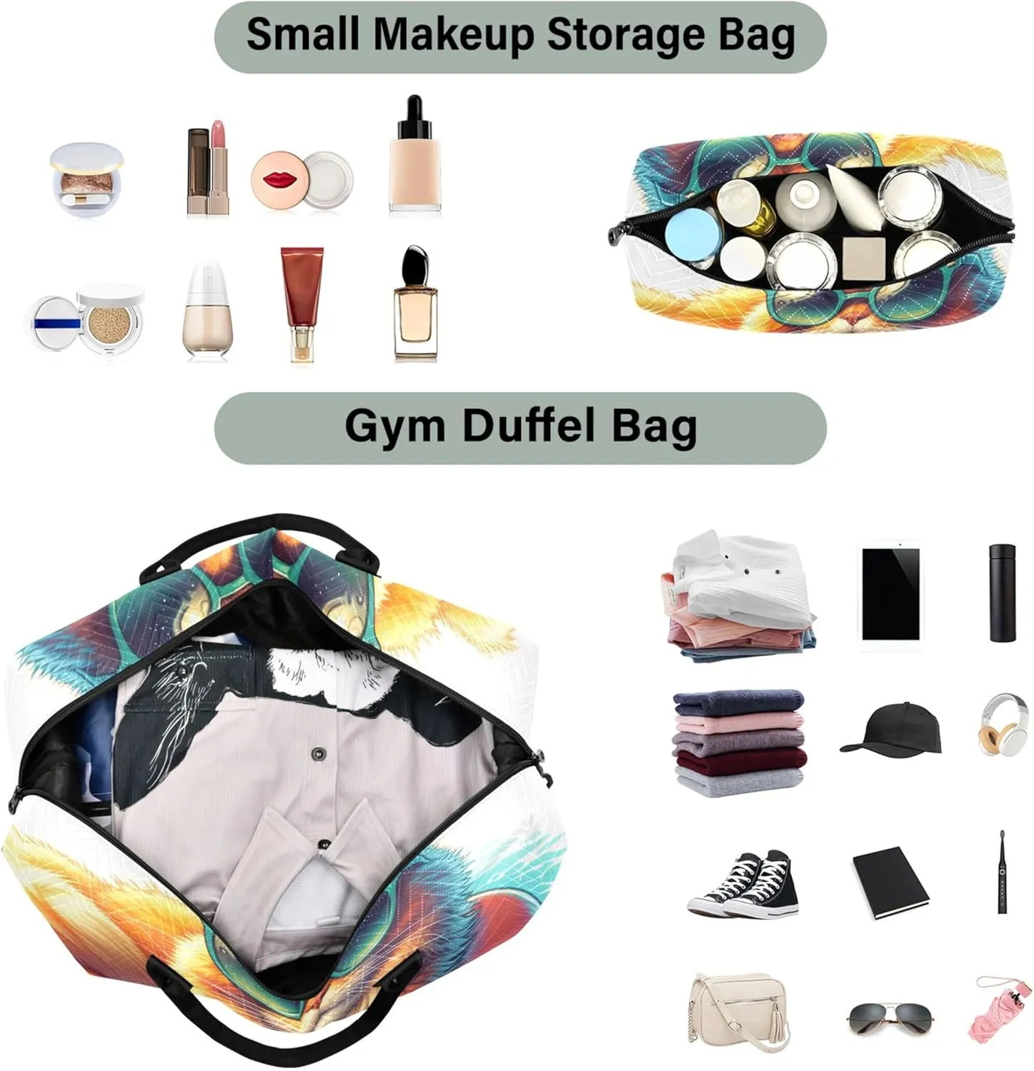 Cute Cat Funny Duffle Bags Travel Makeup Bag Set of 2, Animals Small Duffle Bag Carry on Tote