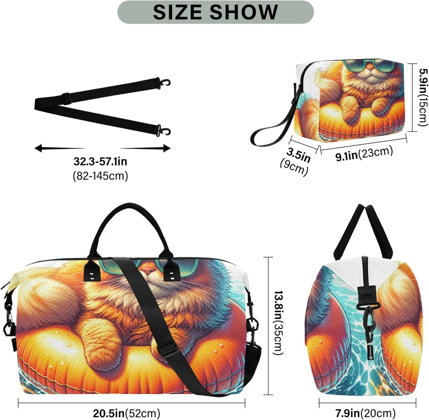 Cute Cat Funny Duffle Bags Travel Makeup Bag Set of 2, Animals Small Duffle Bag Carry on Tote