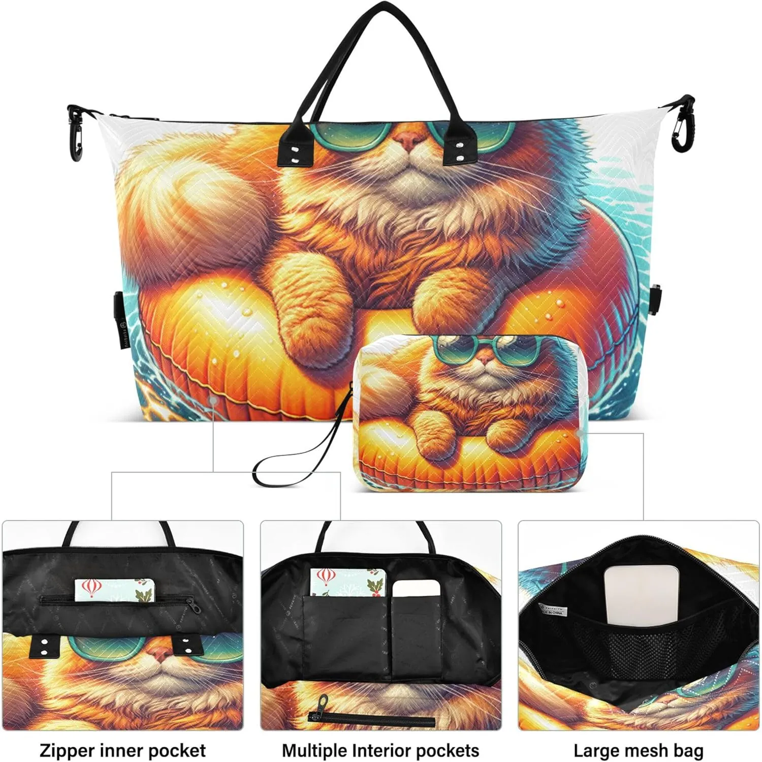 Cute Cat Funny Duffle Bags Travel Makeup Bag Set of 2, Animals Small Duffle Bag Carry on Tote