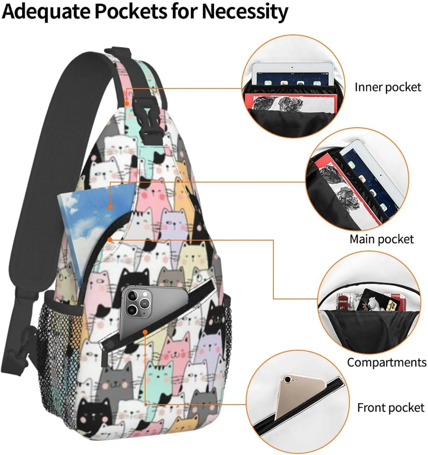 Cute Cat Sling Backpack,Fashion Shoulder Bags Adjustable Crossbody Chest Bag for Women Men Travel Hiking Daypack