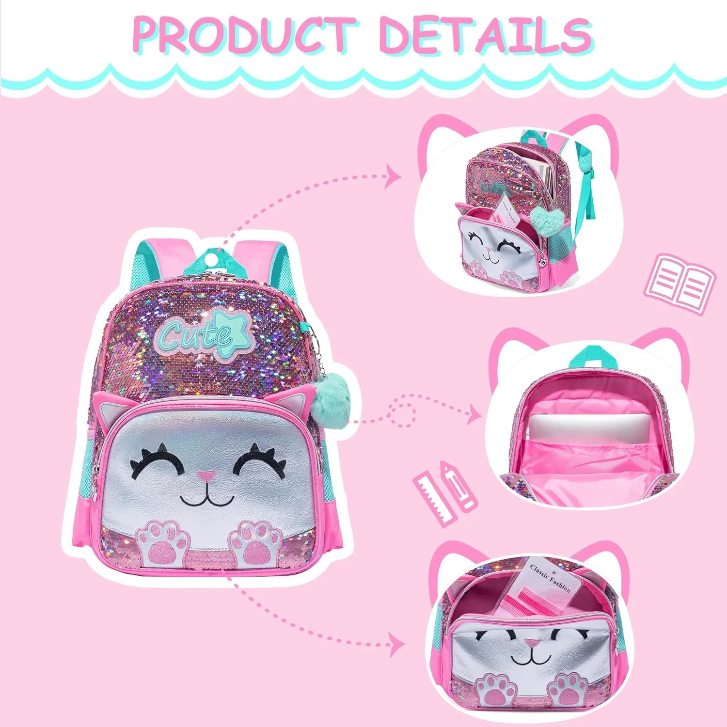 Cute Cat Toddler Backpacks for Girls 2-4 Kids Preschool Backpacks for Girls Pink Kindergarten Backpack Ages 2-4 Mini Small Backpack Little Girl Back to School Supplies