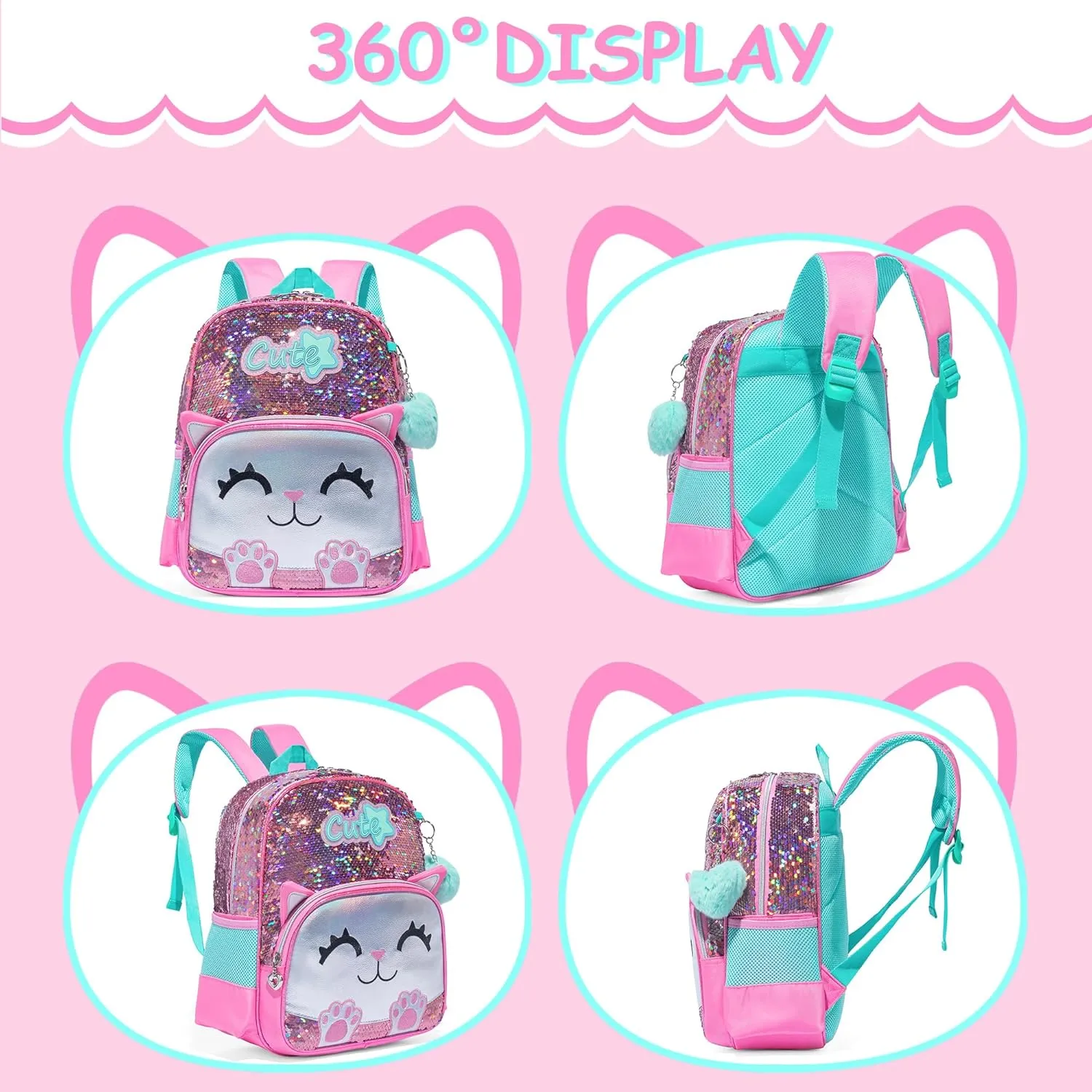 Cute Cat Toddler Backpacks for Girls 2-4 Kids Preschool Backpacks for Girls Pink Kindergarten Backpack Ages 2-4 Mini Small Backpack Little Girl Back to School Supplies
