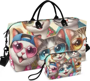 Cute Cats Beach Duffle Bag Women Travel Cosmetic Bags Set of 2, Cute Print Womens Sports Dance Bag Carry on Duffel Bag
