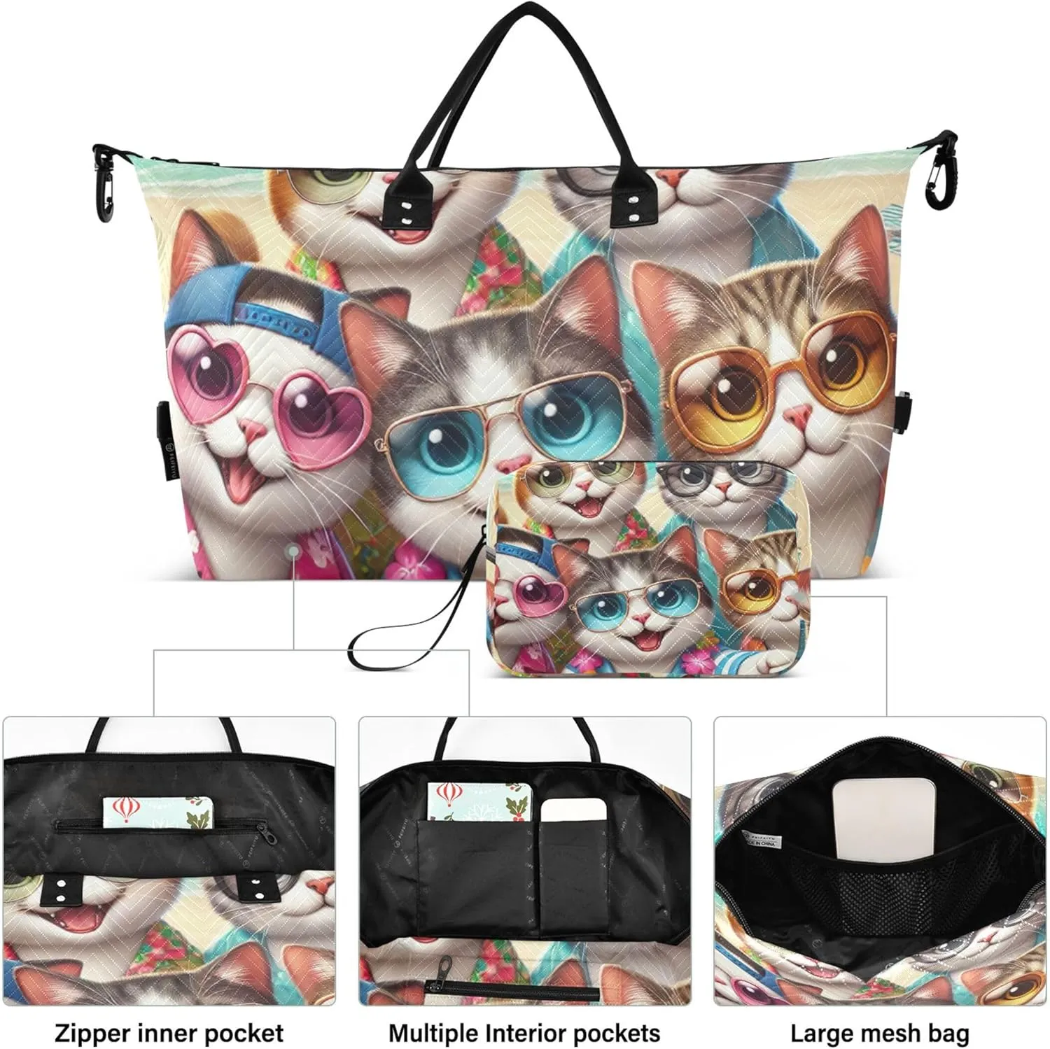 Cute Cats Beach Duffle Bag Women Travel Cosmetic Bags Set of 2, Cute Print Womens Sports Dance Bag Carry on Duffel Bag