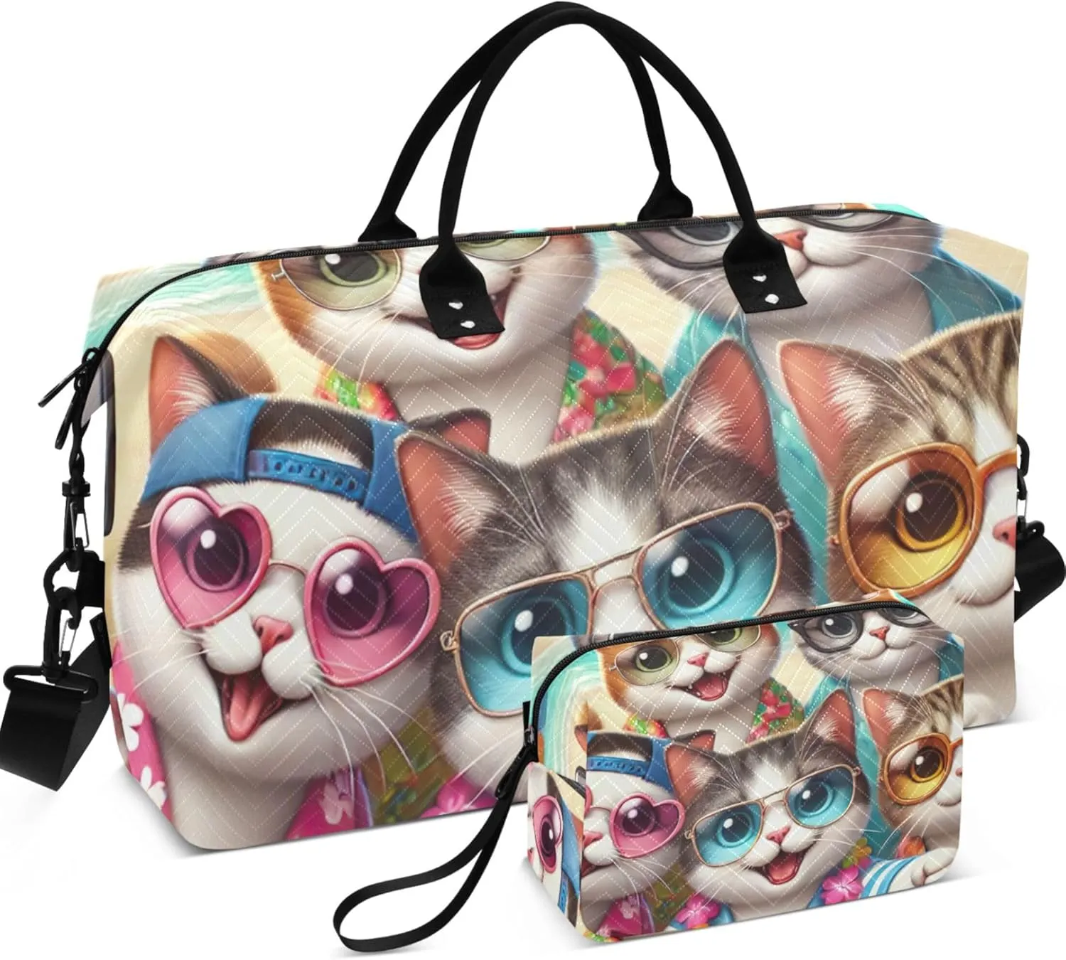 Cute Cats Beach Duffle Bag Women Travel Cosmetic Bags Set of 2, Cute Print Womens Sports Dance Bag Carry on Duffel Bag