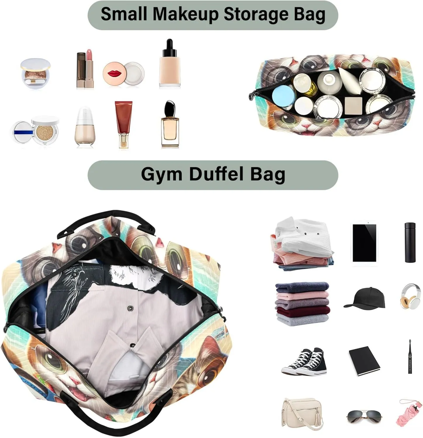 Cute Cats Beach Duffle Bag Women Travel Cosmetic Bags Set of 2, Cute Print Womens Sports Dance Bag Carry on Duffel Bag