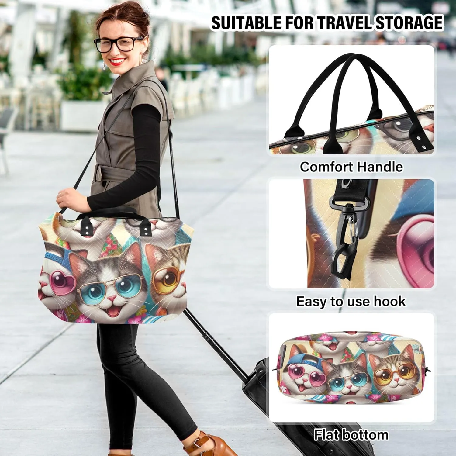 Cute Cats Beach Duffle Bag Women Travel Cosmetic Bags Set of 2, Cute Print Womens Sports Dance Bag Carry on Duffel Bag