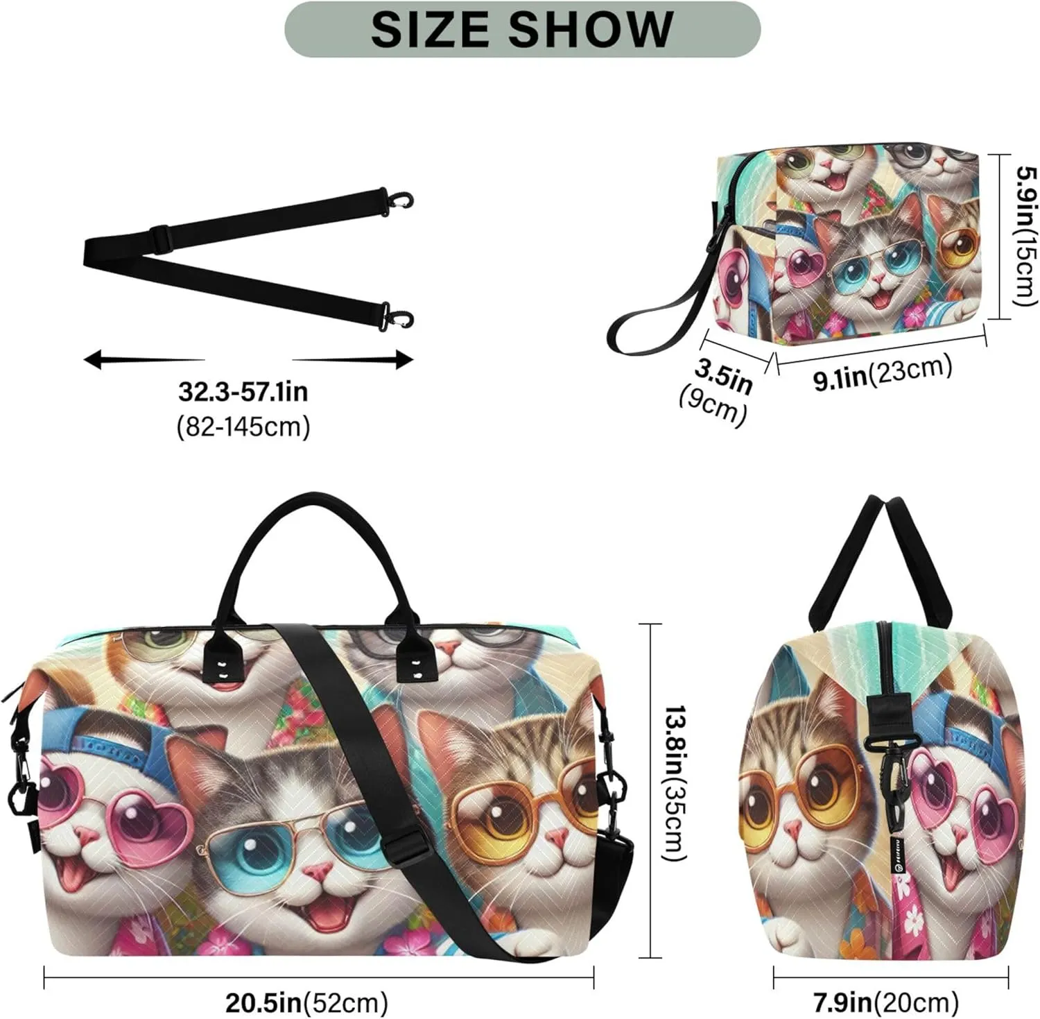 Cute Cats Beach Duffle Bag Women Travel Cosmetic Bags Set of 2, Cute Print Womens Sports Dance Bag Carry on Duffel Bag