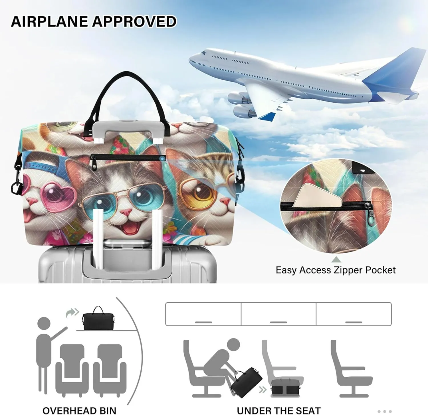Cute Cats Beach Duffle Bag Women Travel Cosmetic Bags Set of 2, Cute Print Womens Sports Dance Bag Carry on Duffel Bag