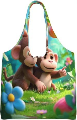 Cute Couple Monkey (1) Print Women's Canvas Handbag,Reusable Grocery Shopping Bag,Sturdy Cotton Handbag,1 Piece