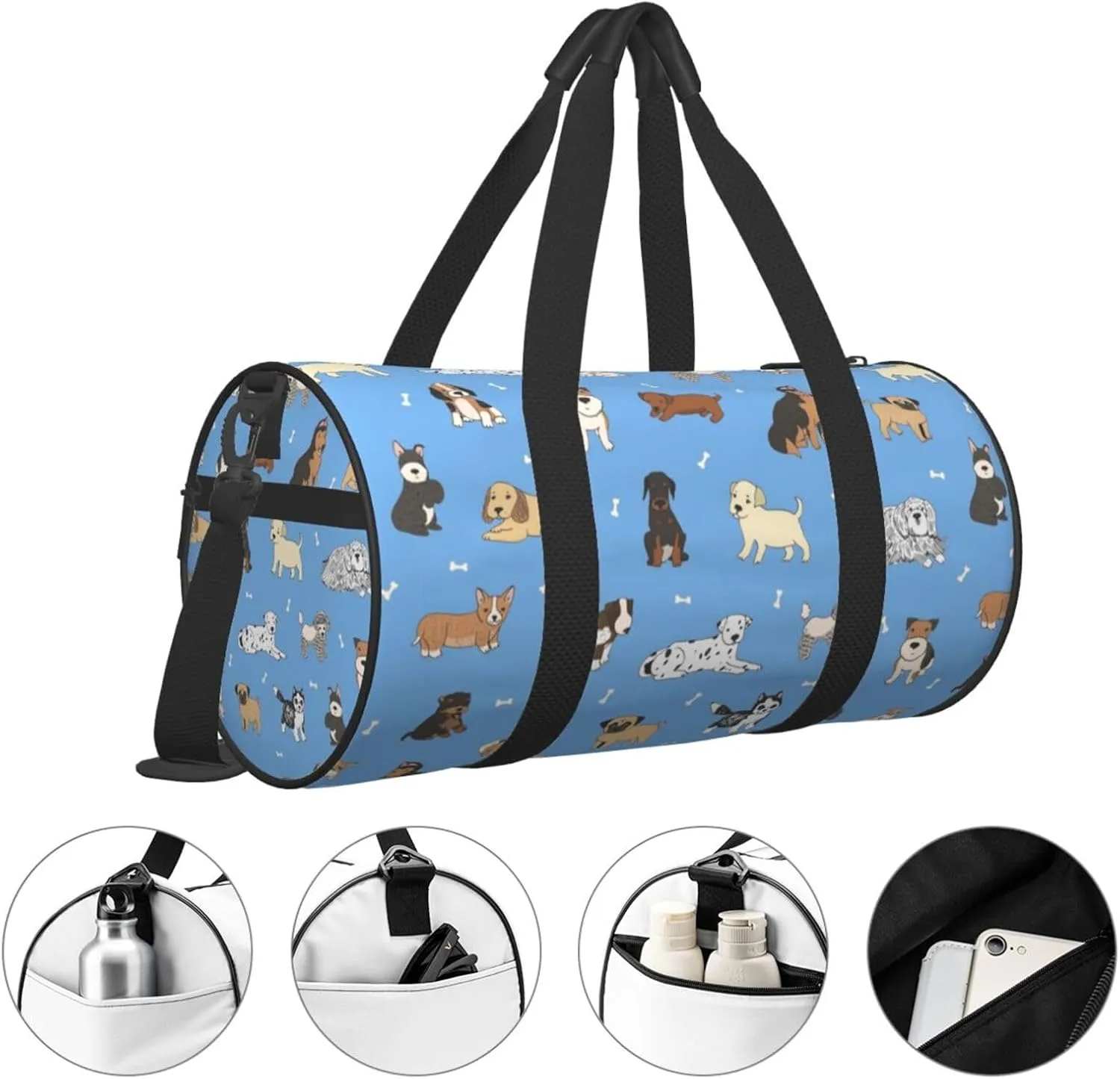 Cute Dogs Blue Background Sports Gym Bag Travel Duffel Bag Shoes Compartment For Men Women Foldable Lightweight Yoga Gym Sports Bag