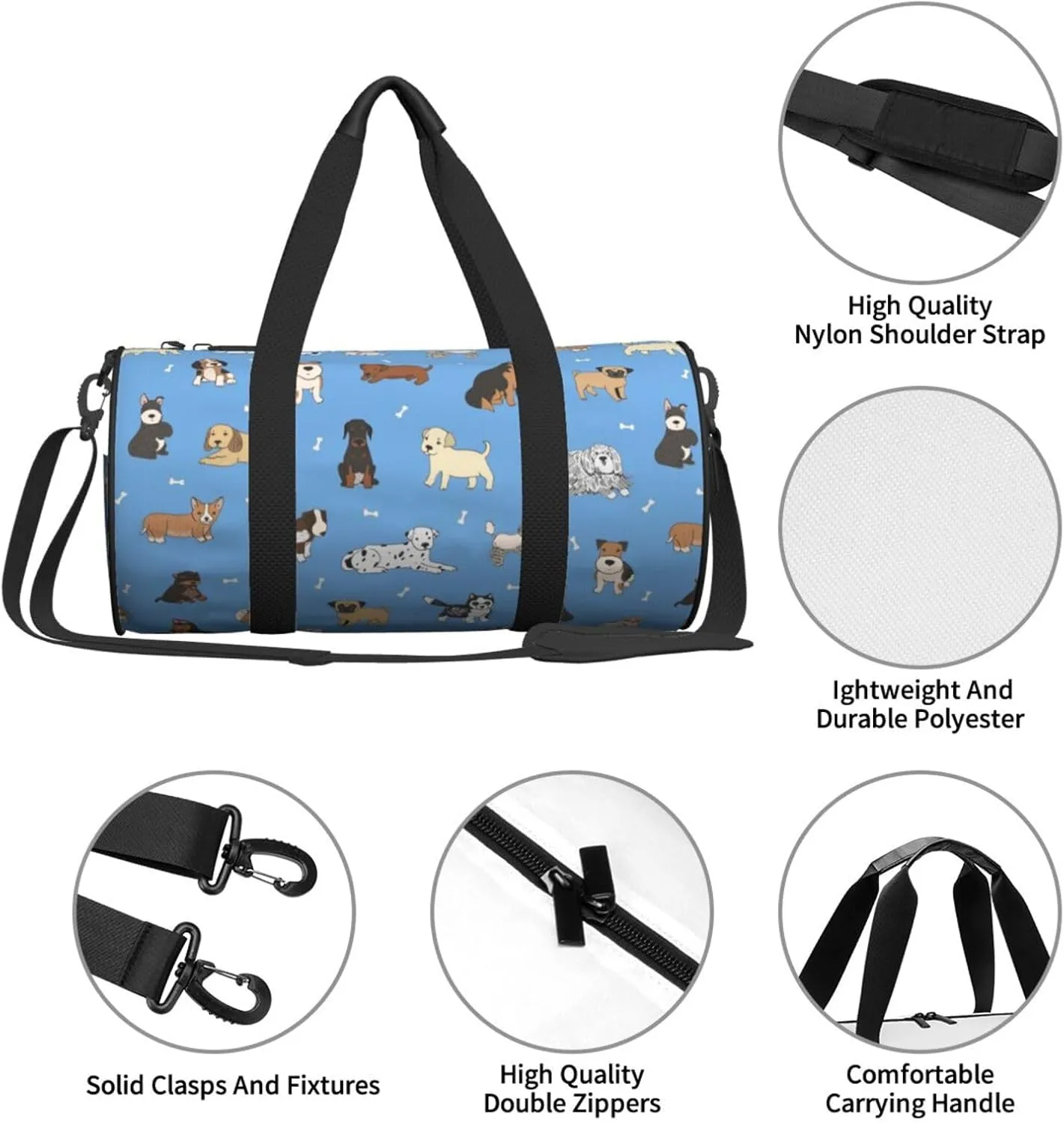 Cute Dogs Blue Background Sports Gym Bag Travel Duffel Bag Shoes Compartment For Men Women Foldable Lightweight Yoga Gym Sports Bag