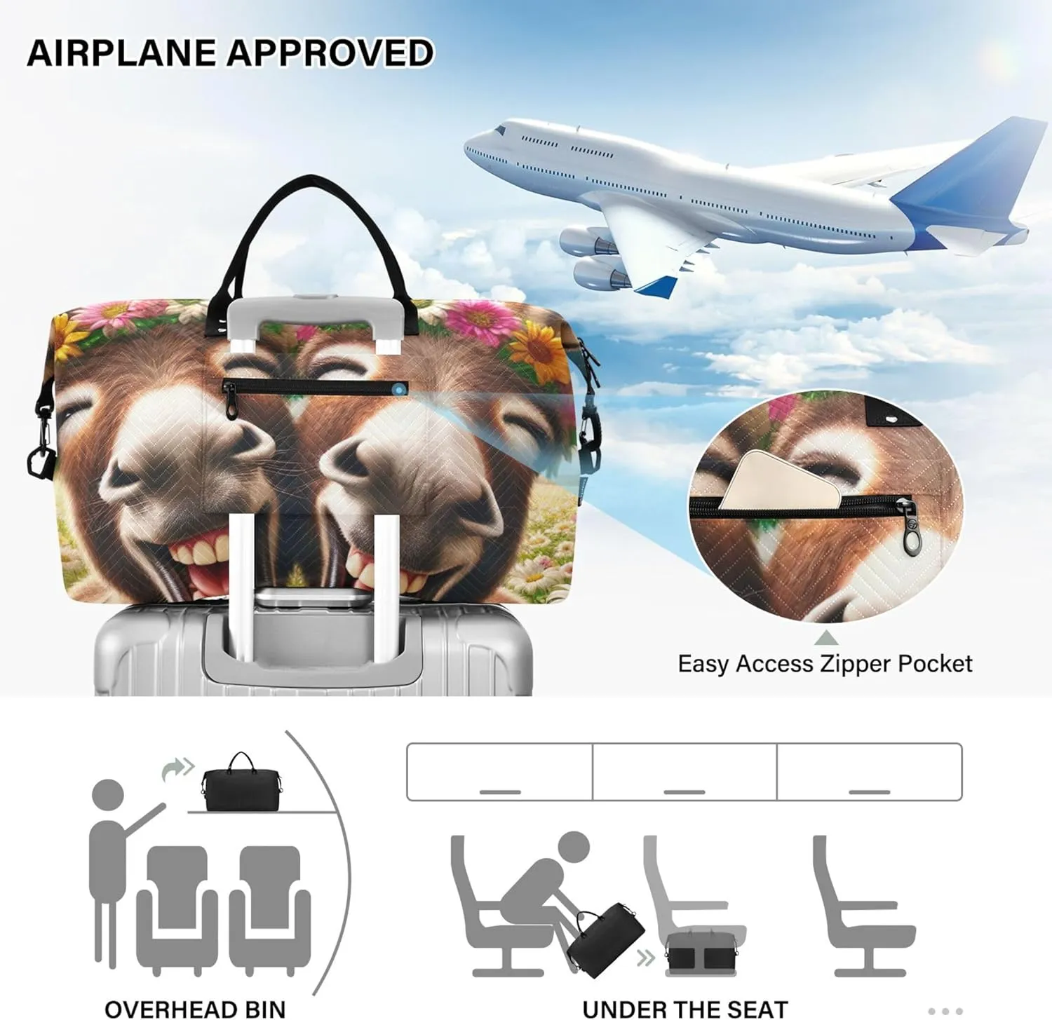 Cute Donkey Funny Animals Travel Duffle Bags Toiletry Bags Set of 2, Print Women Gym Duffle Bag Overnight Bag