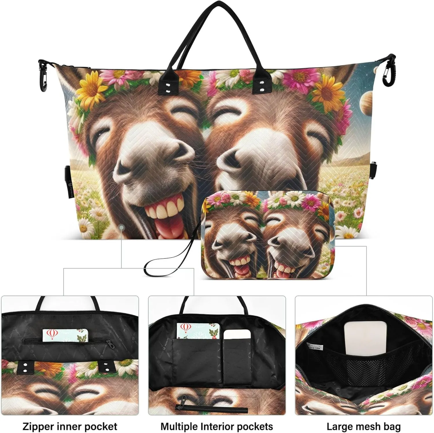 Cute Donkey Funny Animals Travel Duffle Bags Toiletry Bags Set of 2, Print Women Gym Duffle Bag Overnight Bag
