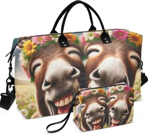 Cute Donkey Funny Animals Travel Duffle Bags Toiletry Bags Set of 2, Print Women Gym Duffle Bag Overnight Bag