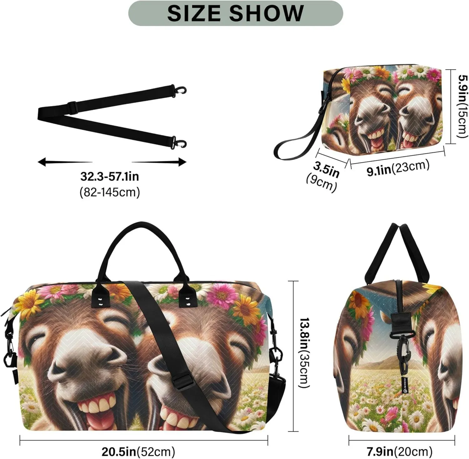 Cute Donkey Funny Animals Travel Duffle Bags Toiletry Bags Set of 2, Print Women Gym Duffle Bag Overnight Bag