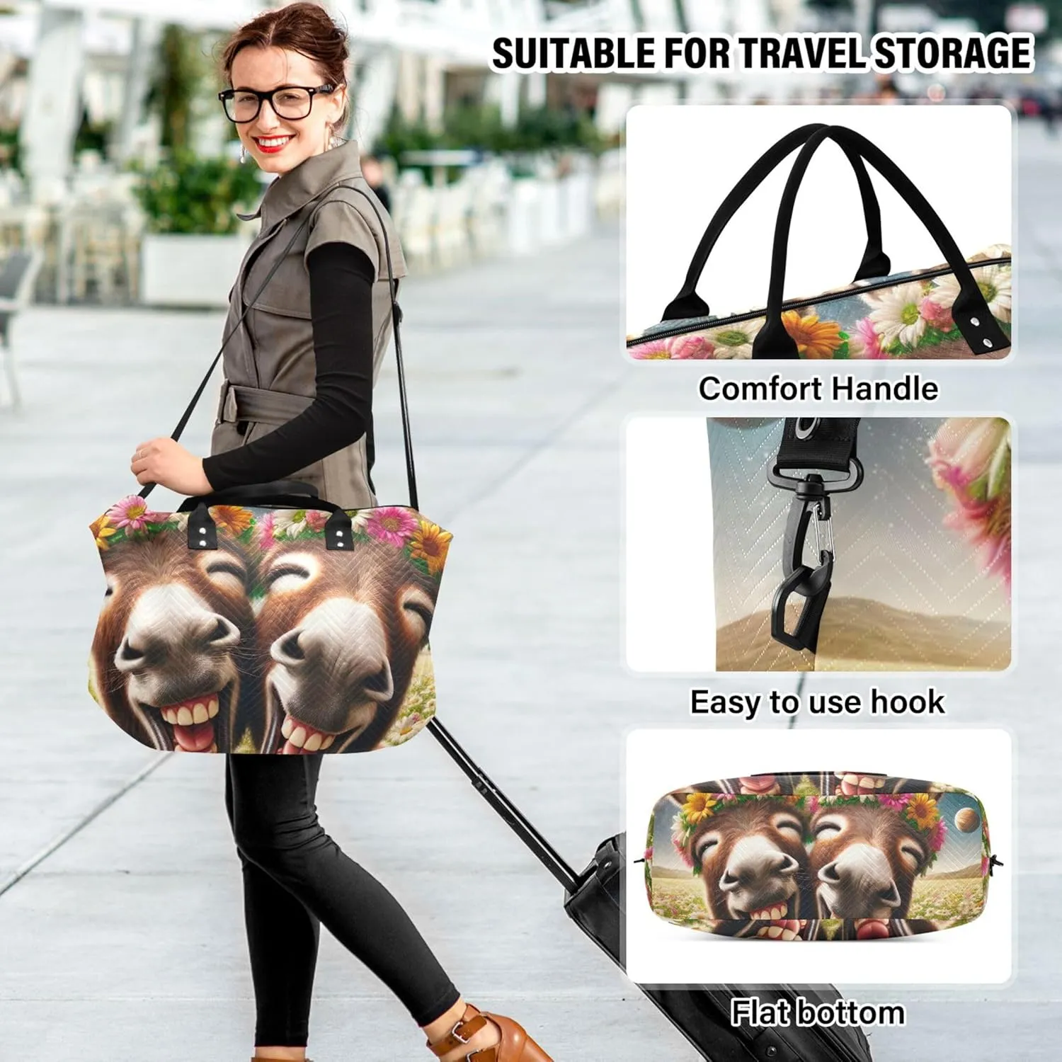 Cute Donkey Funny Animals Travel Duffle Bags Toiletry Bags Set of 2, Print Women Gym Duffle Bag Overnight Bag