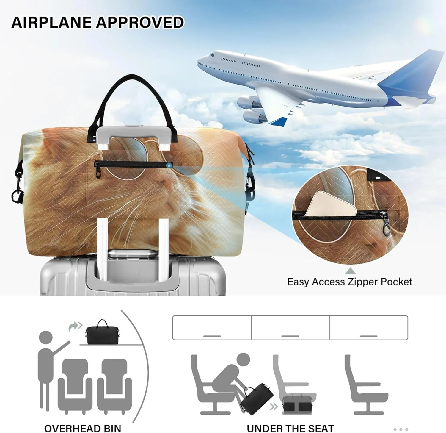 Cute Ginger Cat Duffle Bag for Travel Make up Bags Set of 2, Fun Luggage Set Carry on Duffel Bag