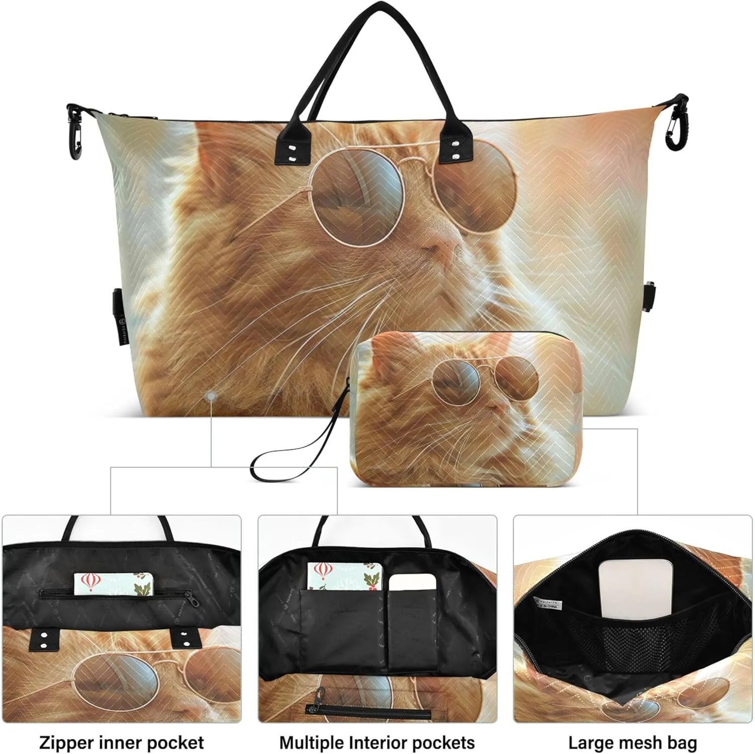 Cute Ginger Cat Duffle Bag for Travel Make up Bags Set of 2, Fun Luggage Set Carry on Duffel Bag